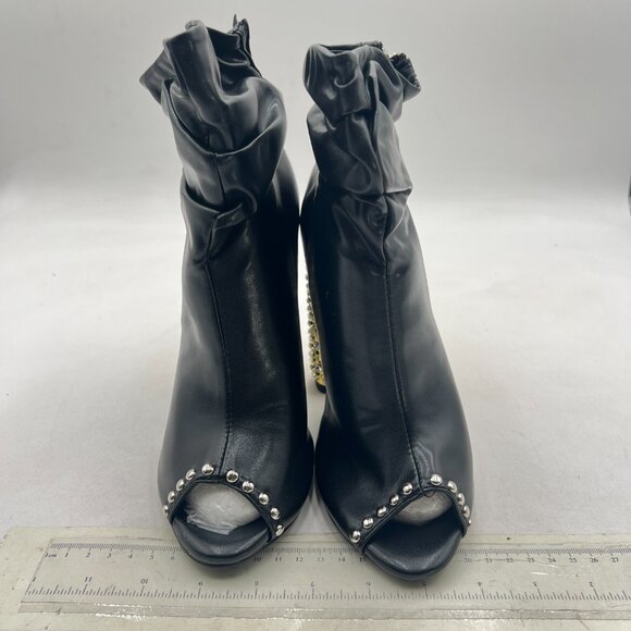 FSJ Black Stylish Peep Toe Slouch Ankle Boots Chunky Stacked Heels Crystal Shoes - Picture 3 of 8